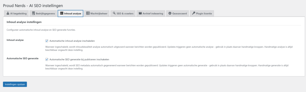 Instellingenpagina inhoud analyse
