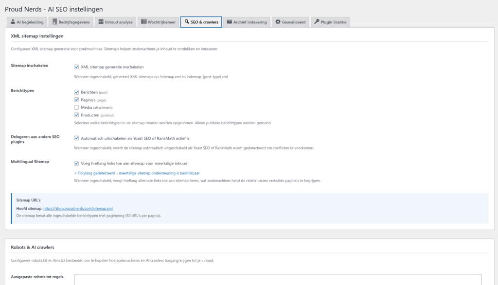 Instellingepagina SEO & Crawlers